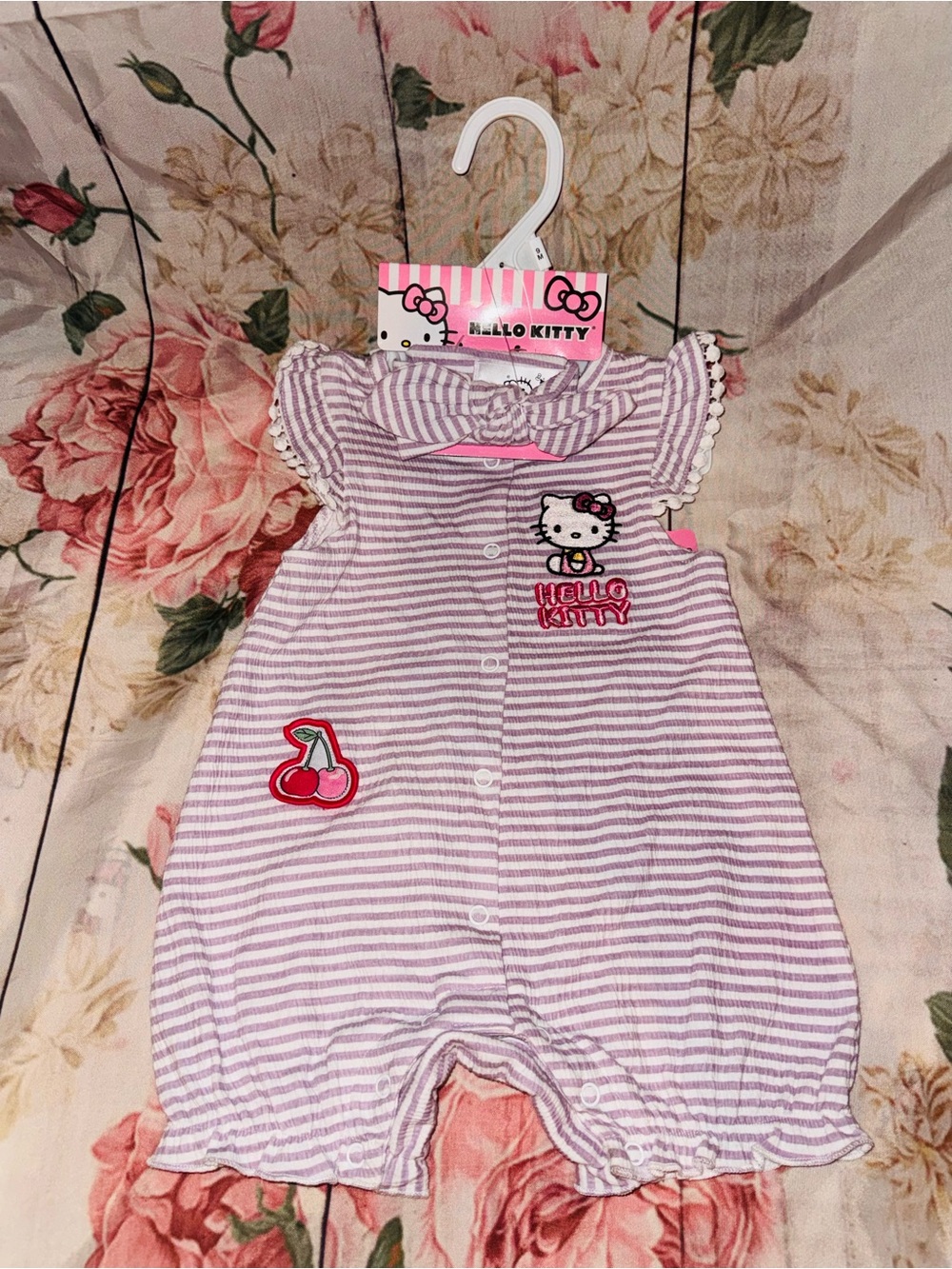 Hello Kitty Baby Girl Clothes 2 Pc Set Stripped Purple Romper Cherry 9 Months